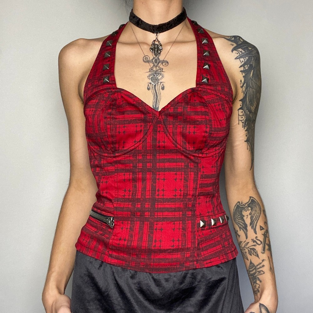 Lip Service Red Plaid Studded Halter Corset Sample Goth Punk Y2K Style Top